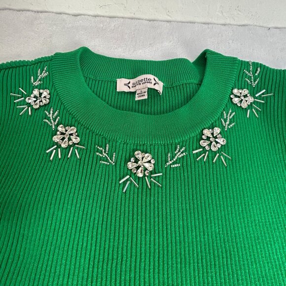 Nanette Lepore Womens Ribbed Embellished Sweater Size Large Green Short Sleeve - Picture 8 of 8